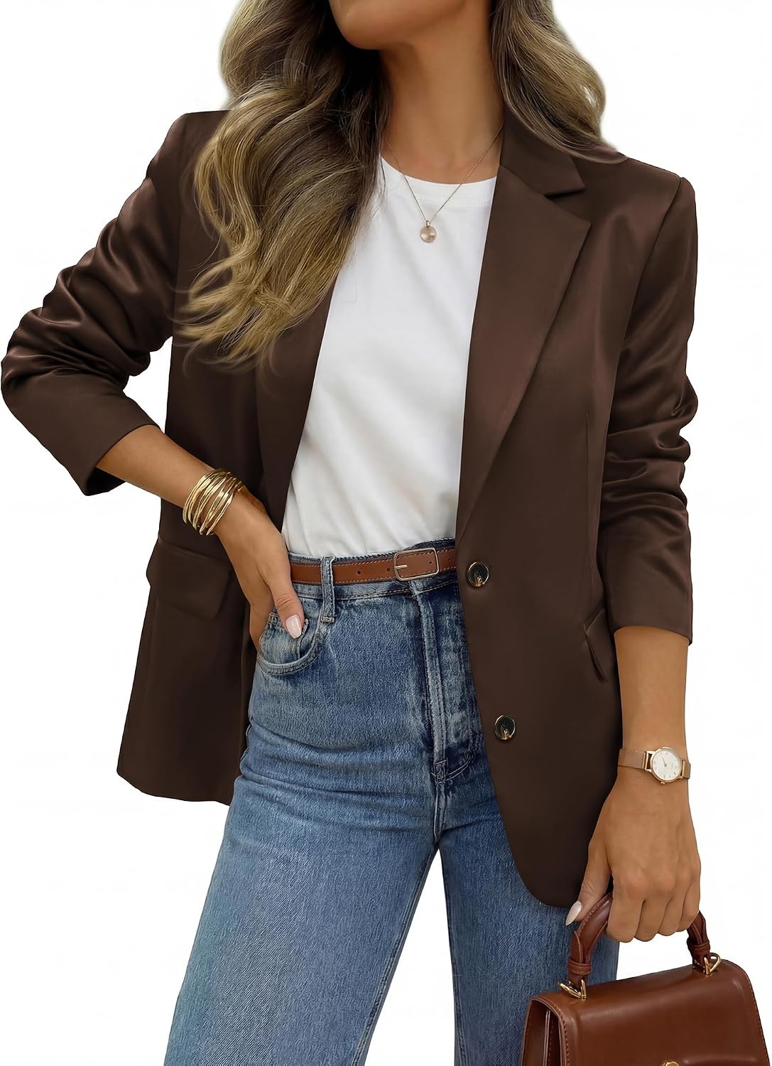 image:imageBTFBM Satin Long Sleeve Blazers for Women 2026 Work Office Suit Jackets with PocketsBusiness Casual OutfitsFall WinterBrown