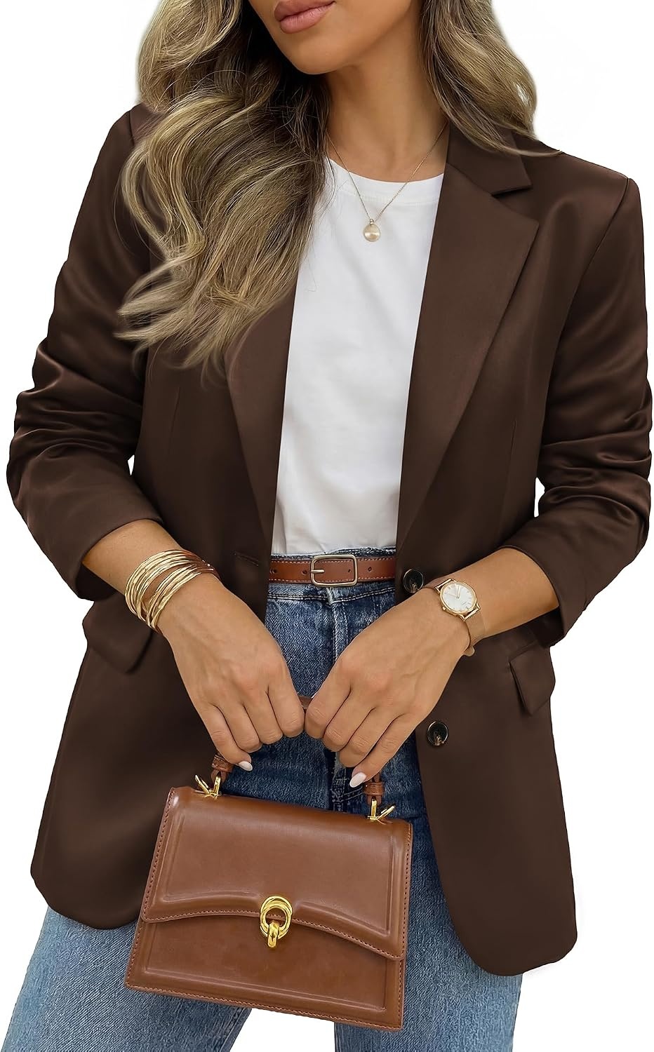 image:imageBTFBM Satin Long Sleeve Blazers for Women 2026 Work Office Suit Jackets with PocketsBusiness Casual OutfitsFall WinterBrown
