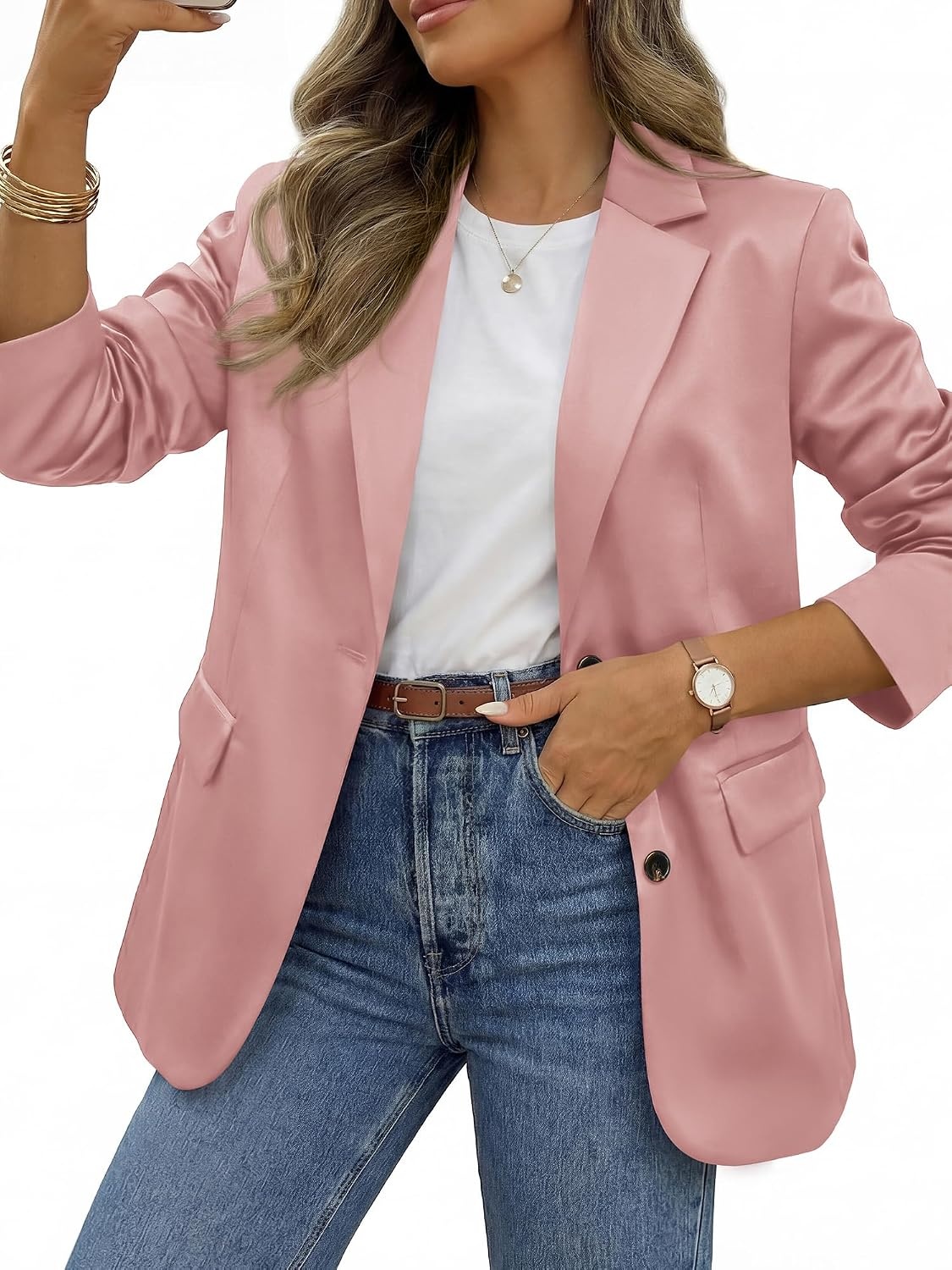 image:imageBTFBM Satin Long Sleeve Blazers for Women 2026 Work Office Suit Jackets with PocketsBusiness Casual OutfitsFall WinterPink