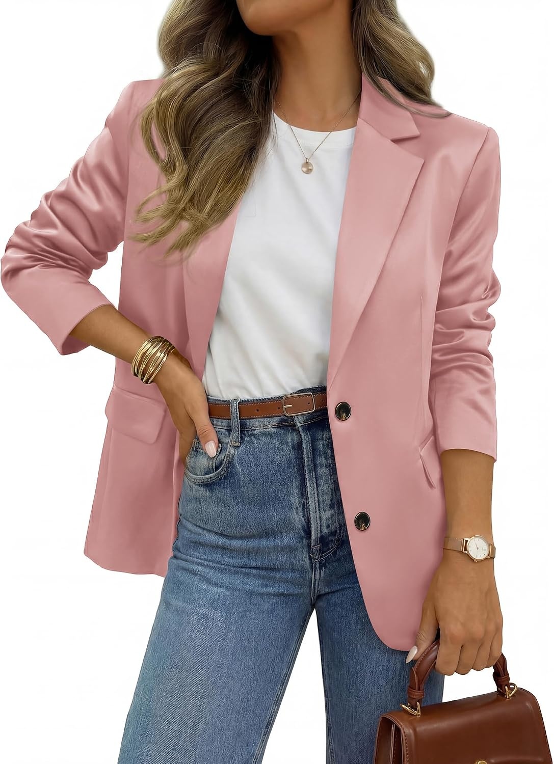 image:imageBTFBM Satin Long Sleeve Blazers for Women 2026 Work Office Suit Jackets with PocketsBusiness Casual OutfitsFall WinterPink