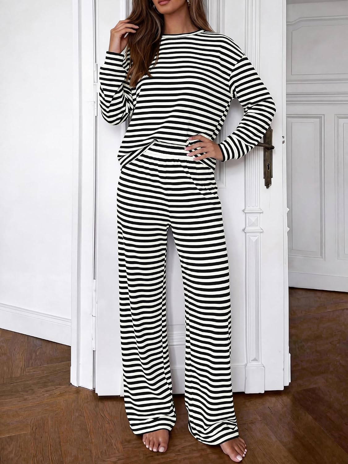 image:imageBTFBM Striped Lounge Set Sweatsuits Women 2 Piece Outfit Womens Pajama SetsCrew NeckWide LegAirport Vacation OutfitsFall Winter ClothesBlack White