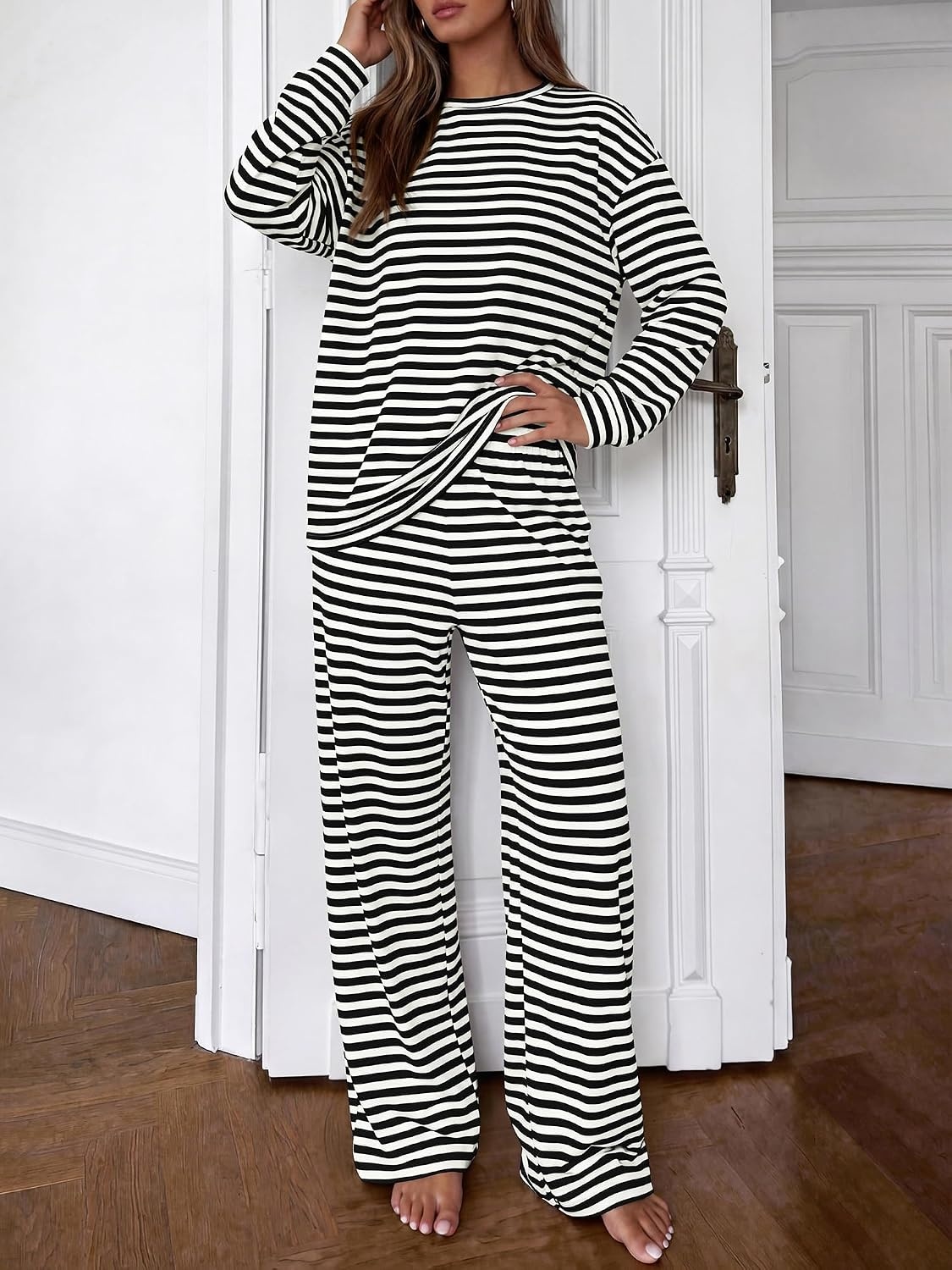 image:imageBTFBM Striped Lounge Set Sweatsuits Women 2 Piece Outfit Womens Pajama SetsCrew NeckWide LegAirport Vacation OutfitsFall Winter ClothesBlack White
