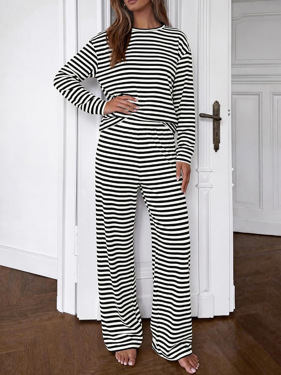 image:imageBTFBM Striped Lounge Set Sweatsuits Women 2 Piece Outfit Womens Pajama SetsCrew NeckWide LegAirport Vacation OutfitsFall Winter ClothesBlack White