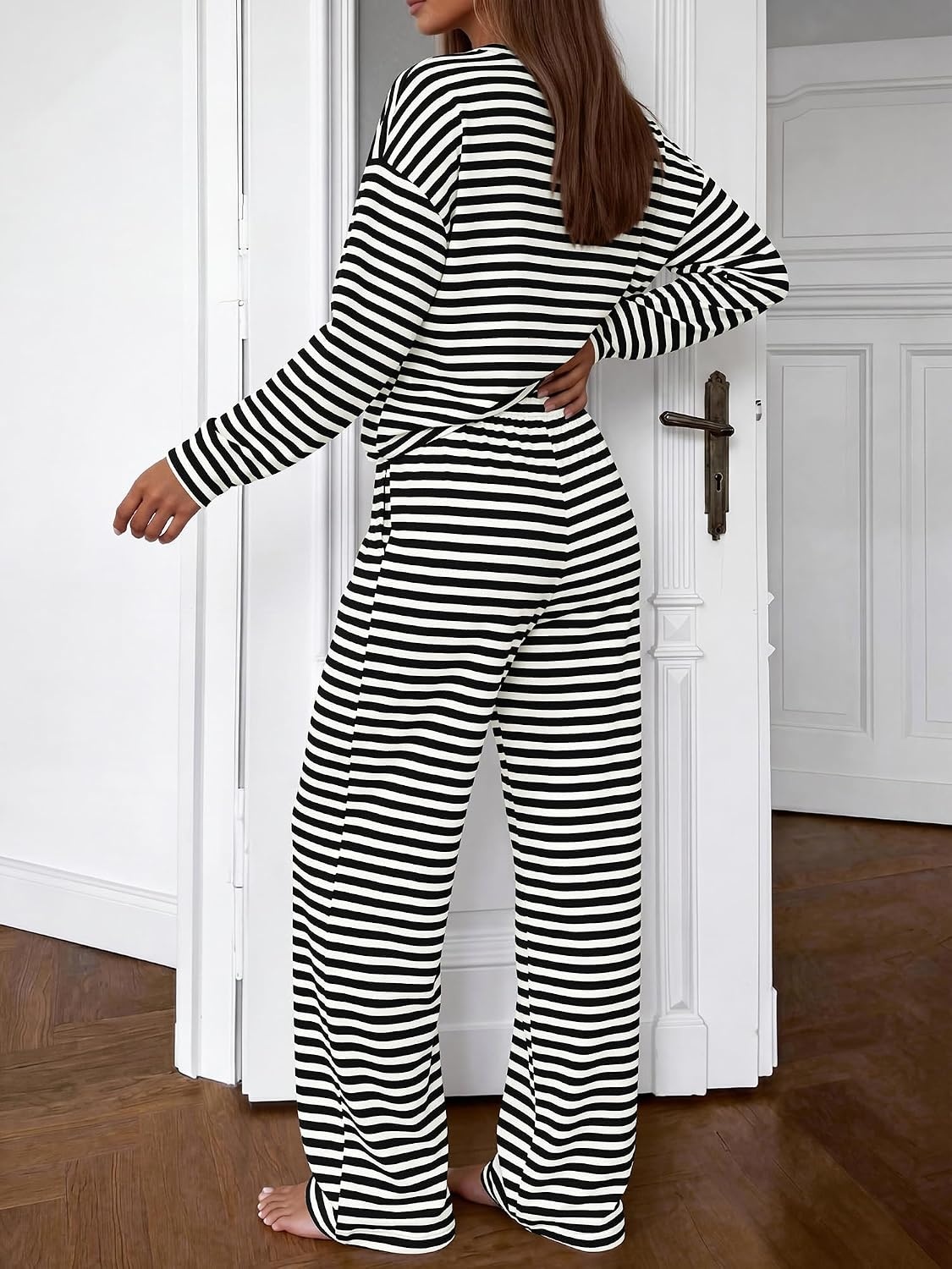 image:imageBTFBM Striped Lounge Set Sweatsuits Women 2 Piece Outfit Womens Pajama SetsCrew NeckWide LegAirport Vacation OutfitsFall Winter ClothesBlack White
