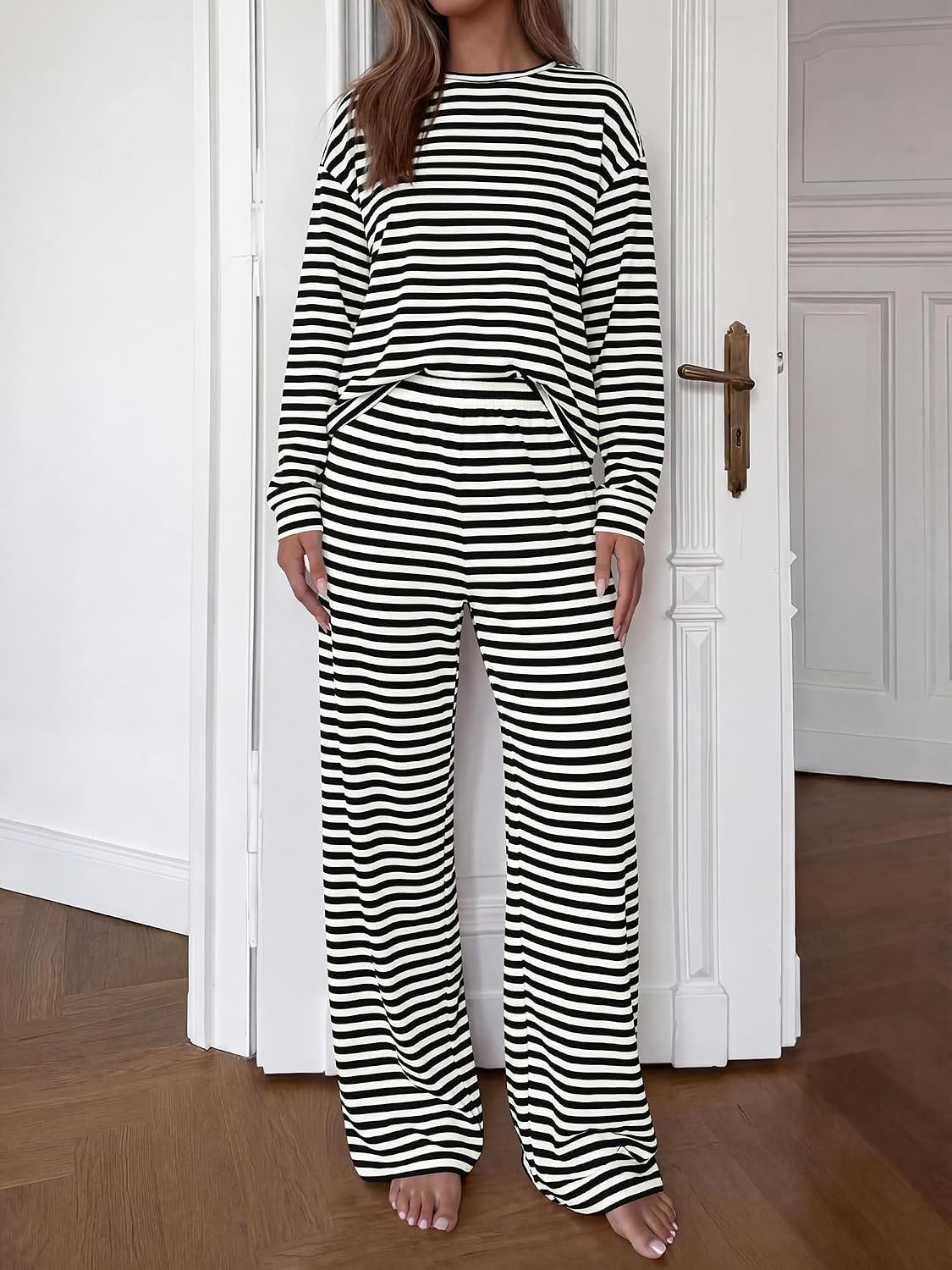image:imageBTFBM Striped Lounge Set Sweatsuits Women 2 Piece Outfit Womens Pajama SetsCrew NeckWide LegAirport Vacation OutfitsFall Winter ClothesBlack White