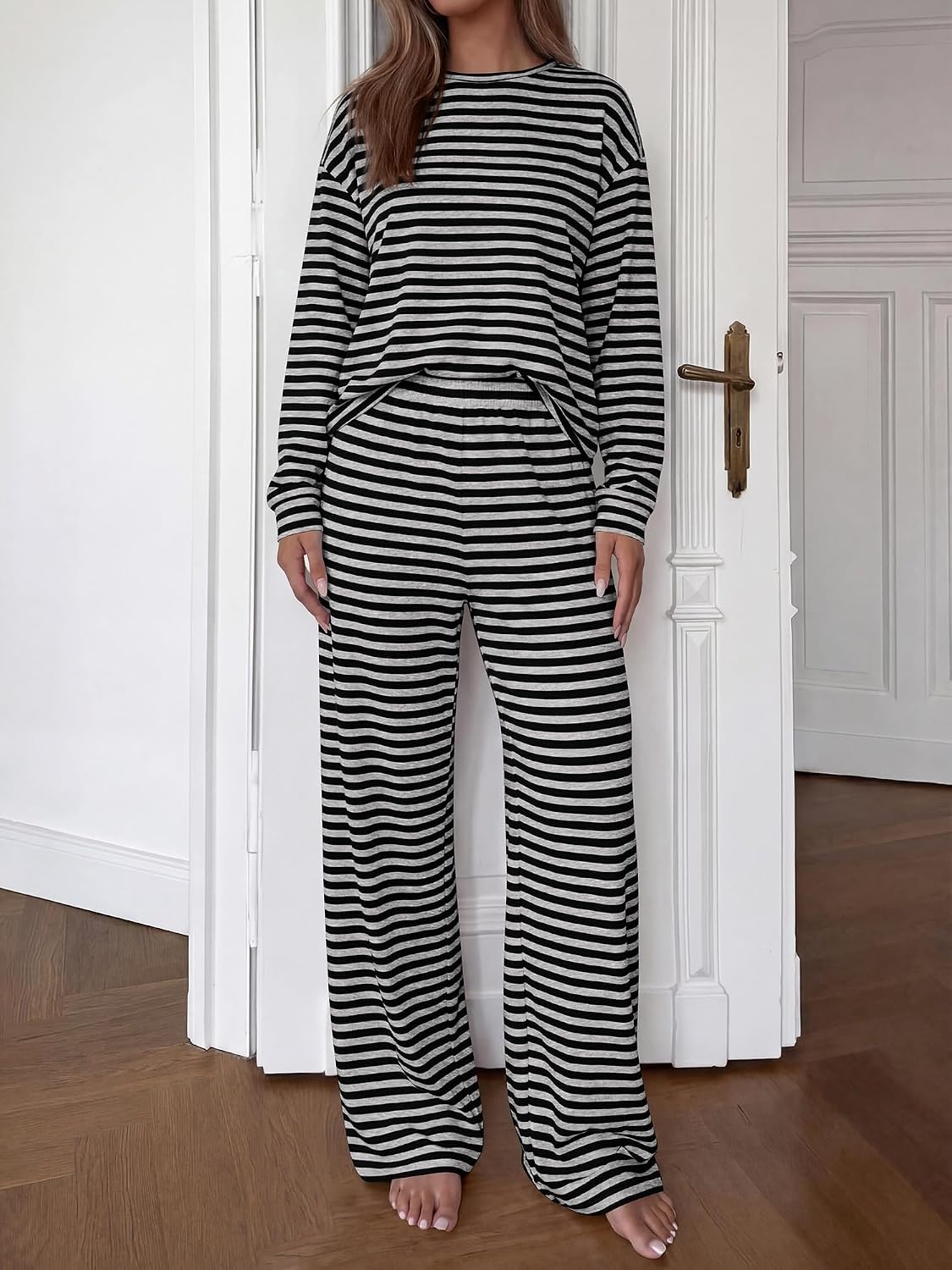 image:imageBTFBM Striped Lounge Set Sweatsuits Women 2 Piece Outfit Womens Pajama SetsCrew NeckWide LegAirport Vacation OutfitsFall Winter ClothesGrey Black