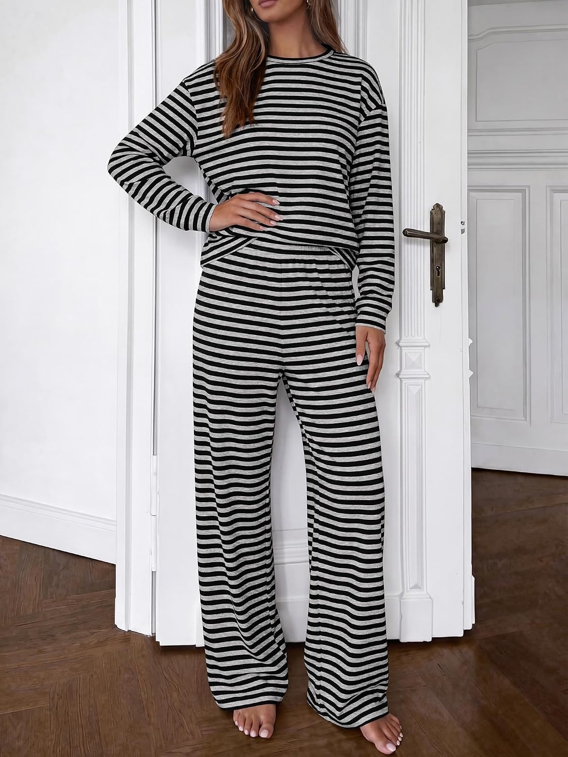 image:imageBTFBM Striped Lounge Set Sweatsuits Women 2 Piece Outfit Womens Pajama SetsCrew NeckWide LegAirport Vacation OutfitsFall Winter ClothesGrey Black