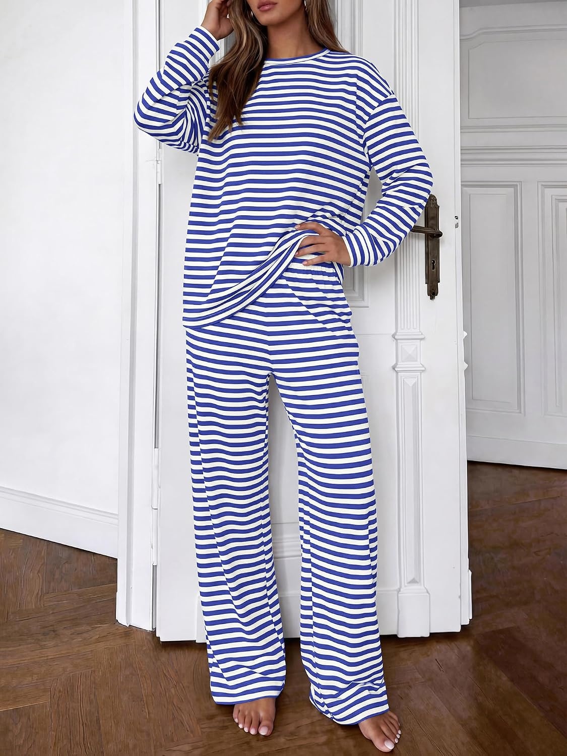 image:imageBTFBM Striped Lounge Set Sweatsuits Women 2 Piece Outfit Womens Pajama SetsCrew NeckWide LegAirport Vacation OutfitsFall Winter ClothesWhite Blue