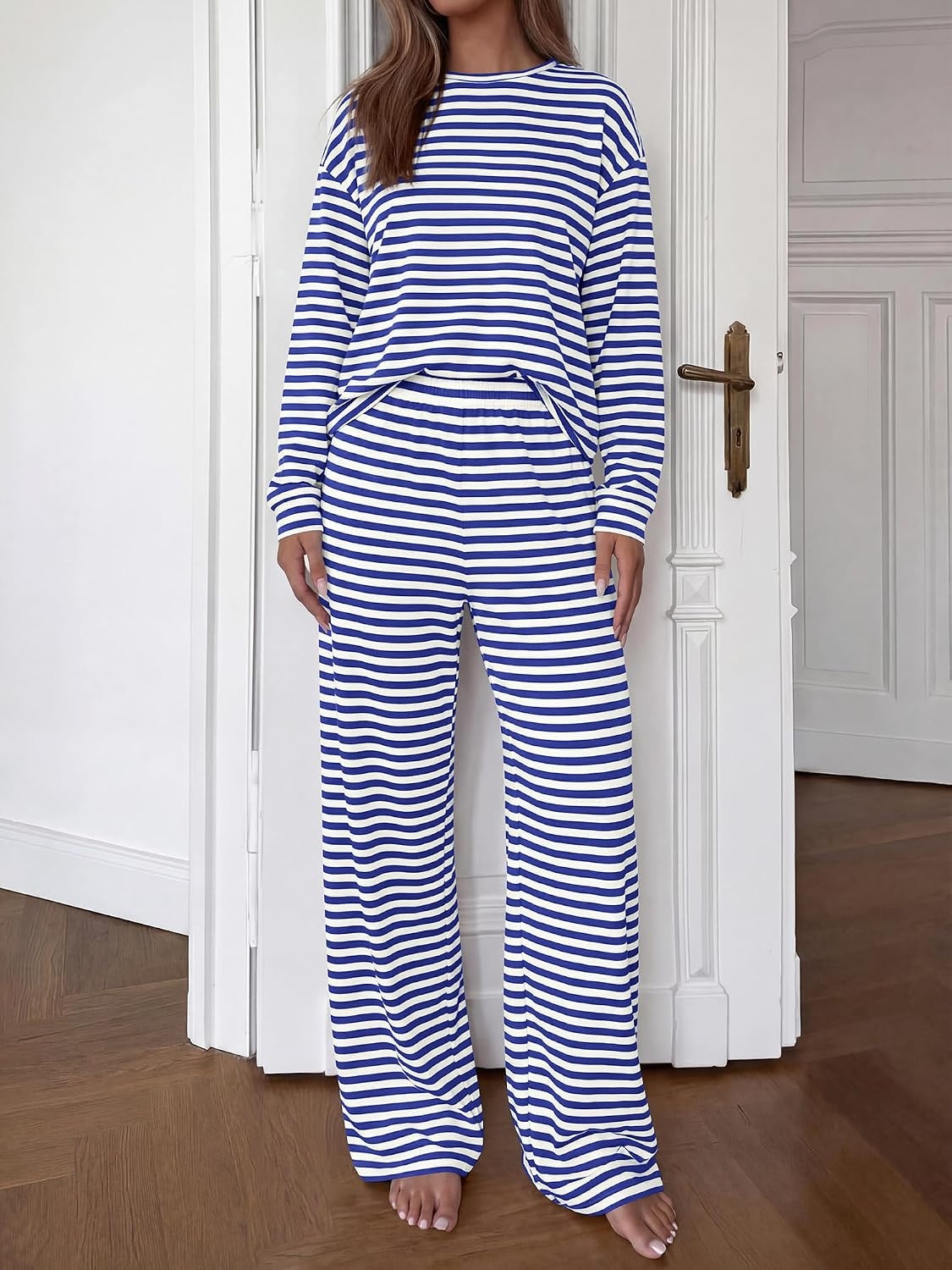 image:imageBTFBM Striped Lounge Set Sweatsuits Women 2 Piece Outfit Womens Pajama SetsCrew NeckWide LegAirport Vacation OutfitsFall Winter ClothesWhite Blue