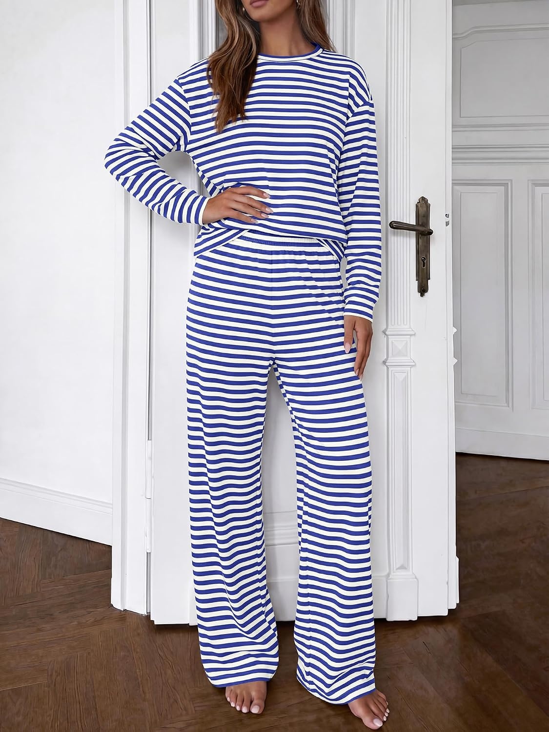 image:imageBTFBM Striped Lounge Set Sweatsuits Women 2 Piece Outfit Womens Pajama SetsCrew NeckWide LegAirport Vacation OutfitsFall Winter ClothesWhite Blue
