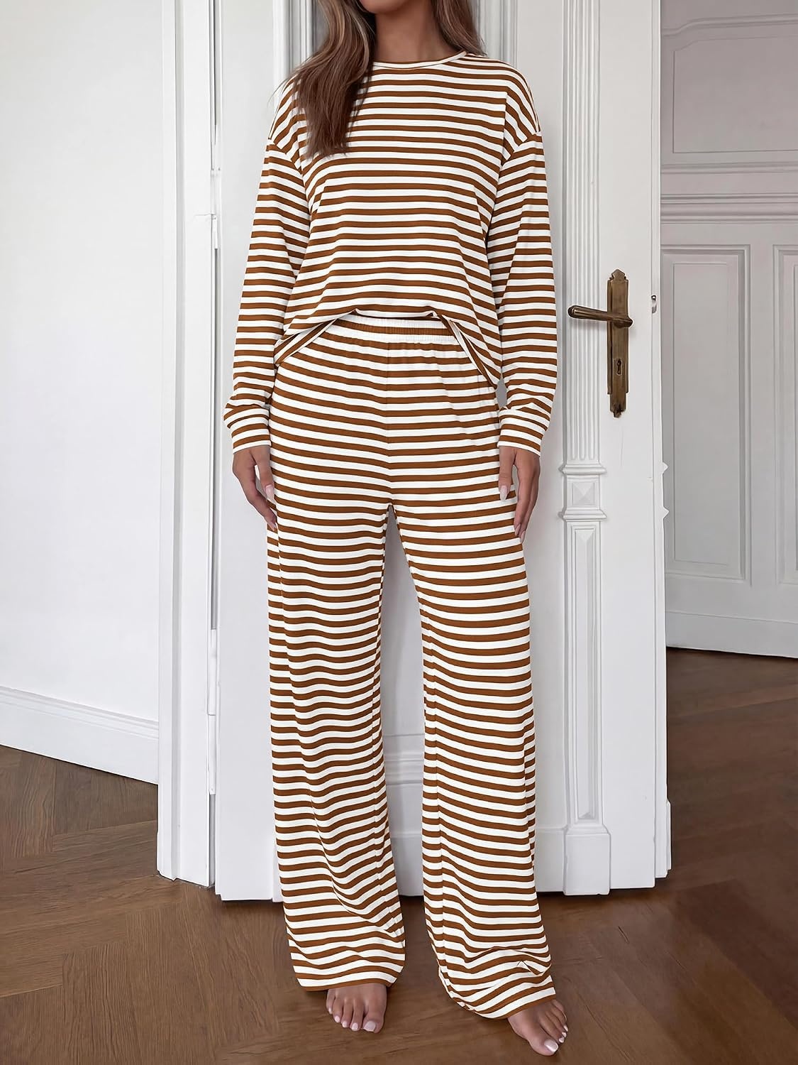 image:imageBTFBM Striped Lounge Set Sweatsuits Women 2 Piece Outfit Womens Pajama SetsCrew NeckWide LegAirport Vacation OutfitsFall Winter ClothesWhite Brown