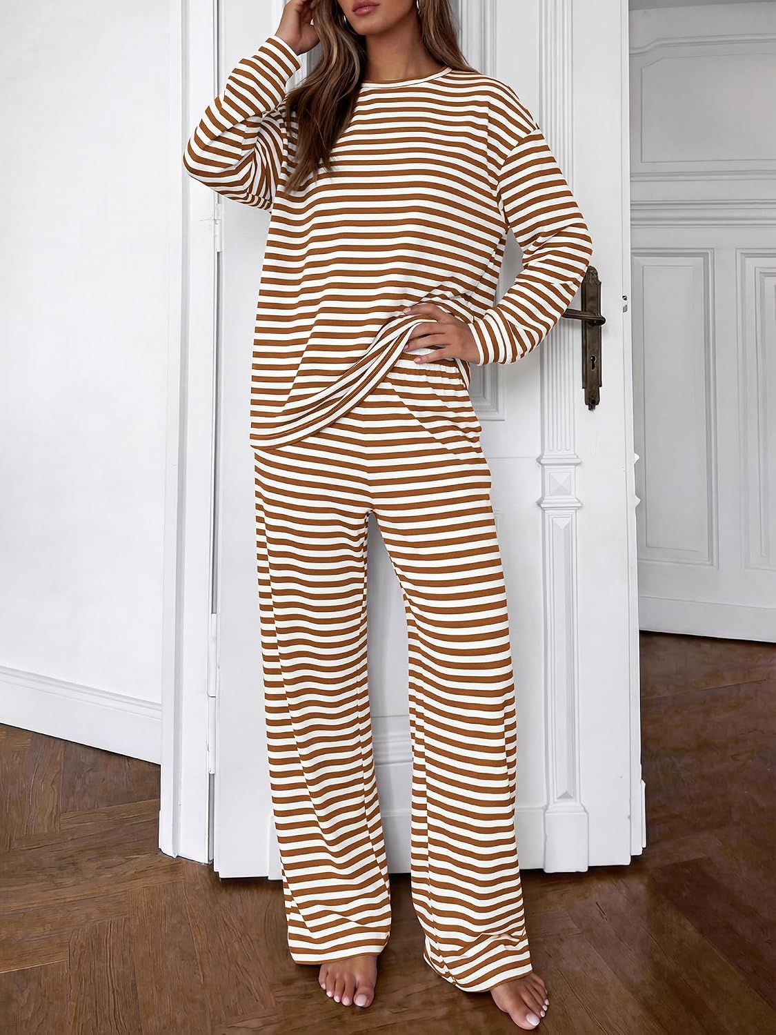 image:imageBTFBM Striped Lounge Set Sweatsuits Women 2 Piece Outfit Womens Pajama SetsCrew NeckWide LegAirport Vacation OutfitsFall Winter ClothesWhite Brown