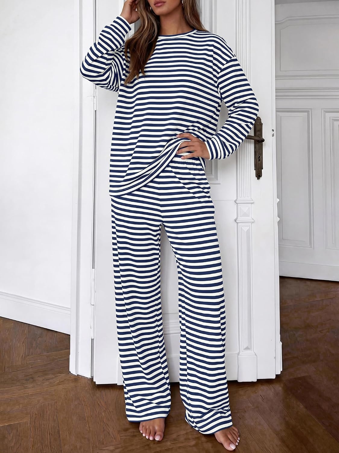 image:imageBTFBM Striped Lounge Set Sweatsuits Women 2 Piece Outfit Womens Pajama SetsCrew NeckWide LegAirport Vacation OutfitsFall Winter ClothesWhite Navy