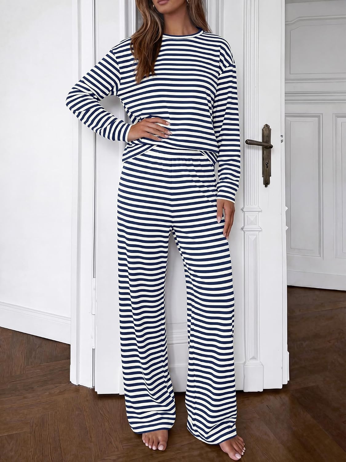 image:imageBTFBM Striped Lounge Set Sweatsuits Women 2 Piece Outfit Womens Pajama SetsCrew NeckWide LegAirport Vacation OutfitsFall Winter ClothesWhite Navy