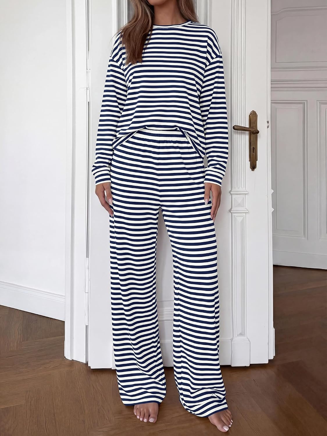 image:imageBTFBM Striped Lounge Set Sweatsuits Women 2 Piece Outfit Womens Pajama SetsCrew NeckWide LegAirport Vacation OutfitsFall Winter ClothesWhite Navy