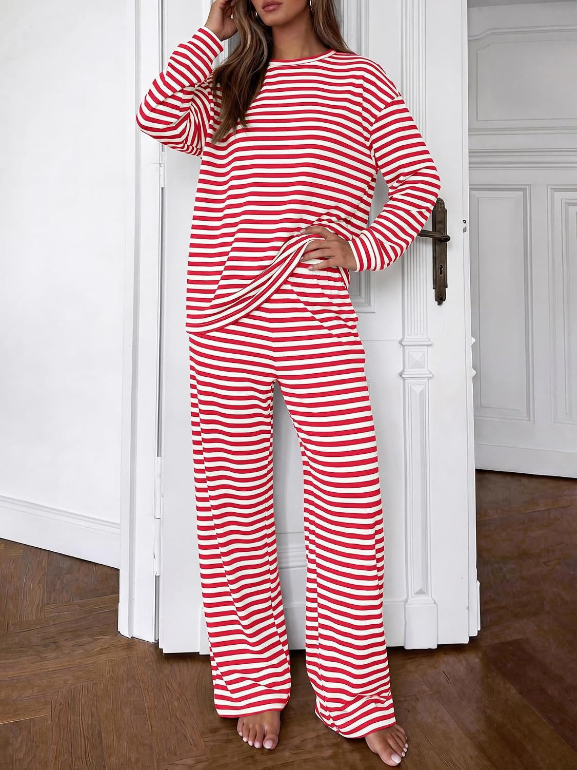 image:imageBTFBM Striped Lounge Set Sweatsuits Women 2 Piece Outfit Womens Pajama SetsCrew NeckWide LegAirport Vacation OutfitsFall Winter ClothesWhite Red