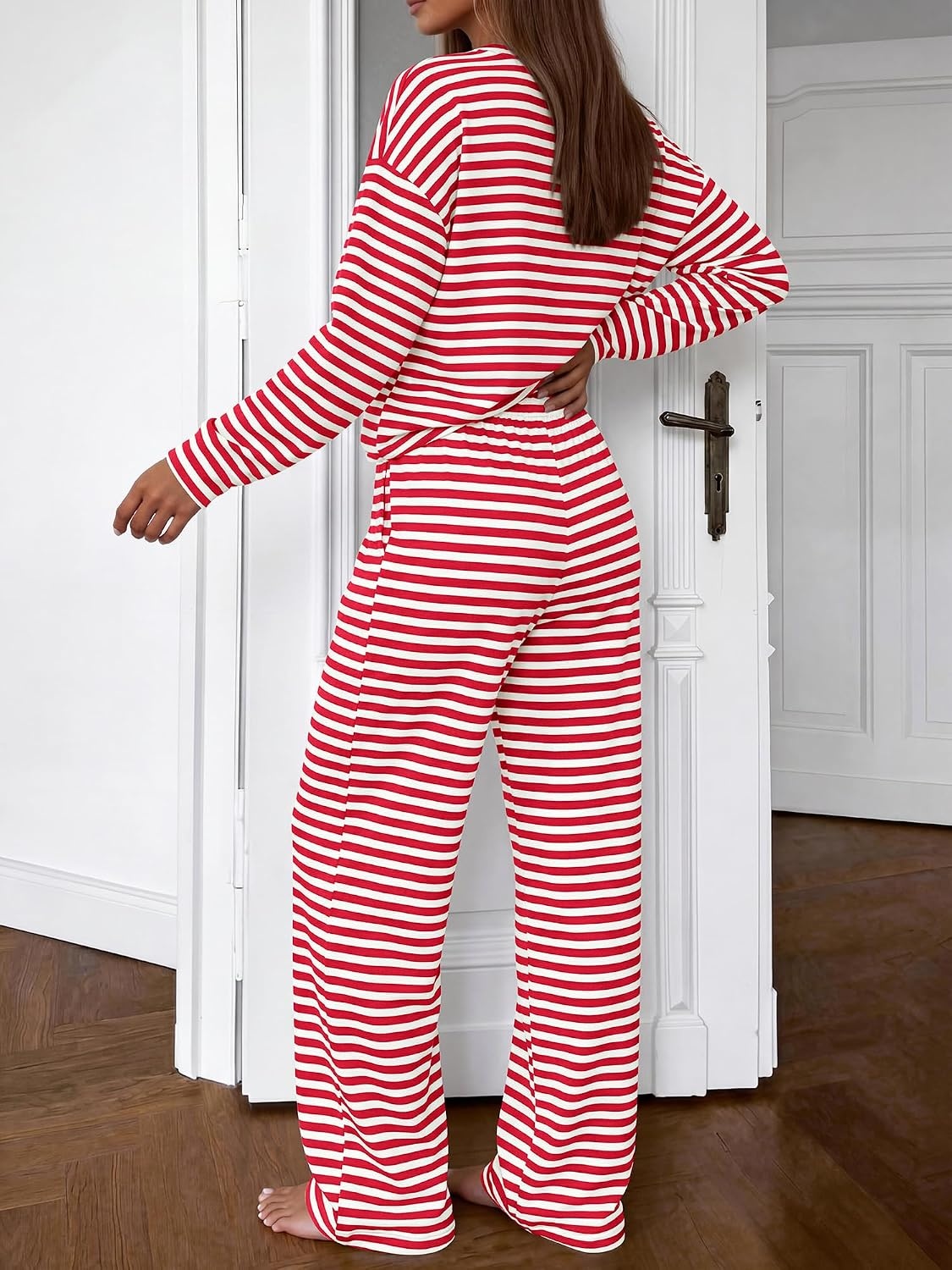 image:imageBTFBM Striped Lounge Set Sweatsuits Women 2 Piece Outfit Womens Pajama SetsCrew NeckWide LegAirport Vacation OutfitsFall Winter ClothesWhite Red