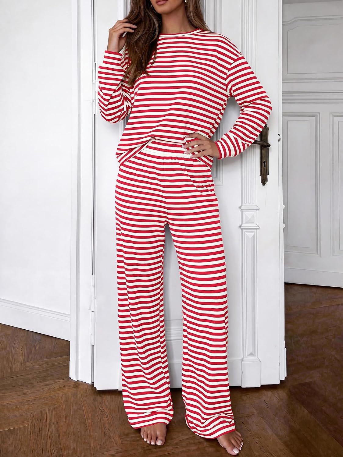 image:imageBTFBM Striped Lounge Set Sweatsuits Women 2 Piece Outfit Womens Pajama SetsCrew NeckWide LegAirport Vacation OutfitsFall Winter ClothesWhite Red