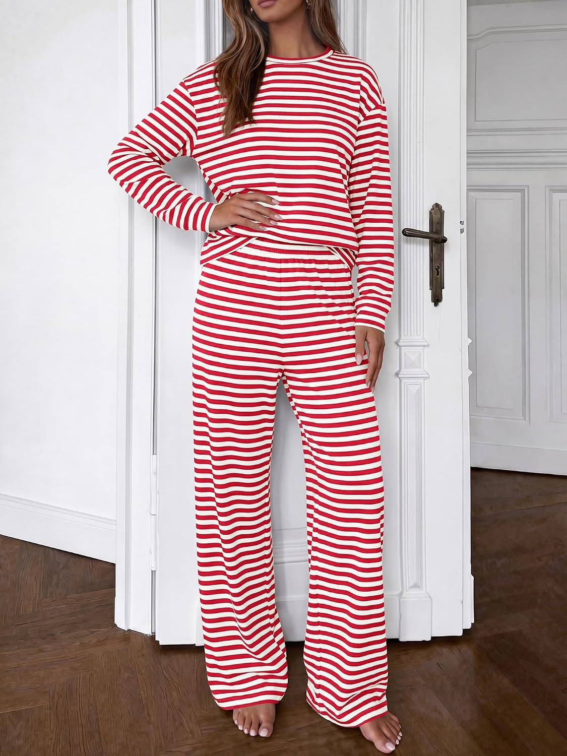 image:imageBTFBM Striped Lounge Set Sweatsuits Women 2 Piece Outfit Womens Pajama SetsCrew NeckWide LegAirport Vacation OutfitsFall Winter ClothesWhite Red