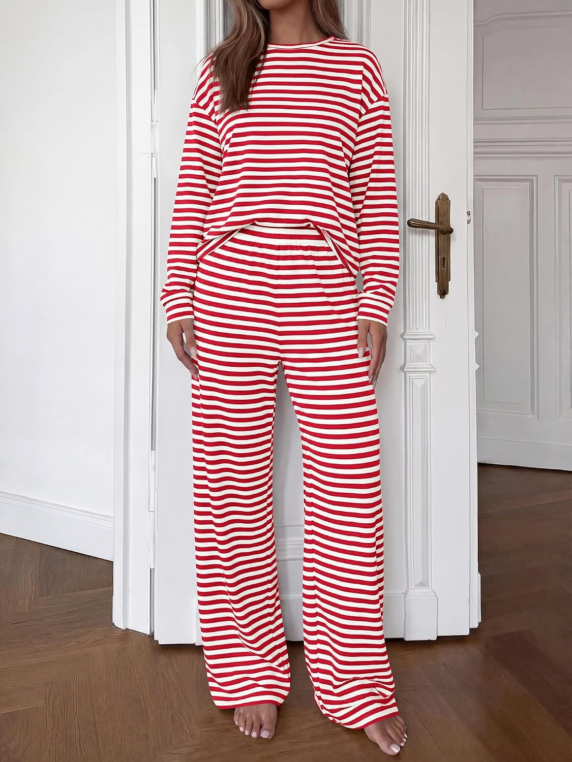 image:imageBTFBM Striped Lounge Set Sweatsuits Women 2 Piece Outfit Womens Pajama SetsCrew NeckWide LegAirport Vacation OutfitsFall Winter ClothesWhite Red