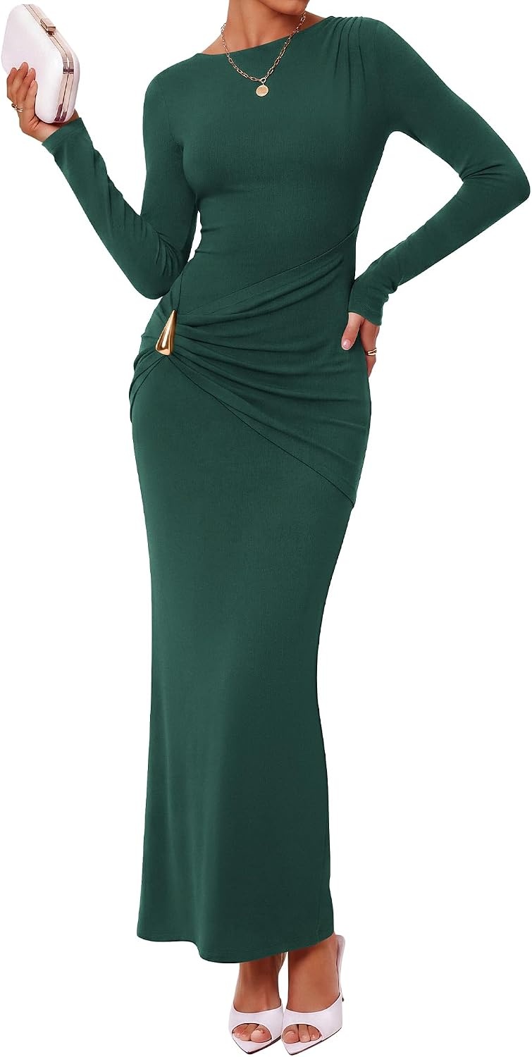 image:imageBTFBM Womens Long Sleeve Ruched Slit Maxi Wedding Guest Dress Boat Neck Bodycon Semi Formal Dresses For Women Cocktail Party Homecoming Date Night Christmas Holiday Winter OutfitsGreen