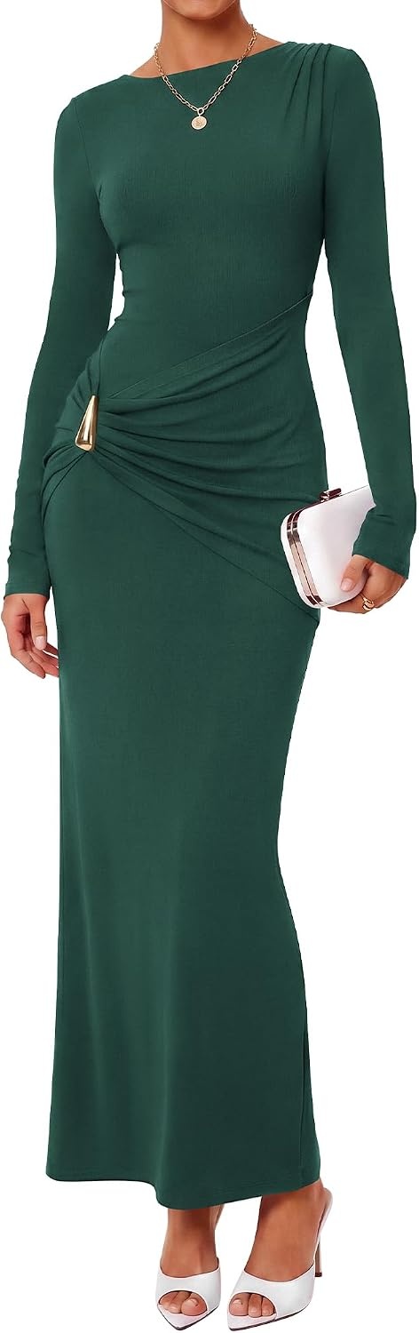 image:imageBTFBM Womens Long Sleeve Ruched Slit Maxi Wedding Guest Dress Boat Neck Bodycon Semi Formal Dresses For Women Cocktail Party Homecoming Date Night Christmas Holiday Winter OutfitsGreen
