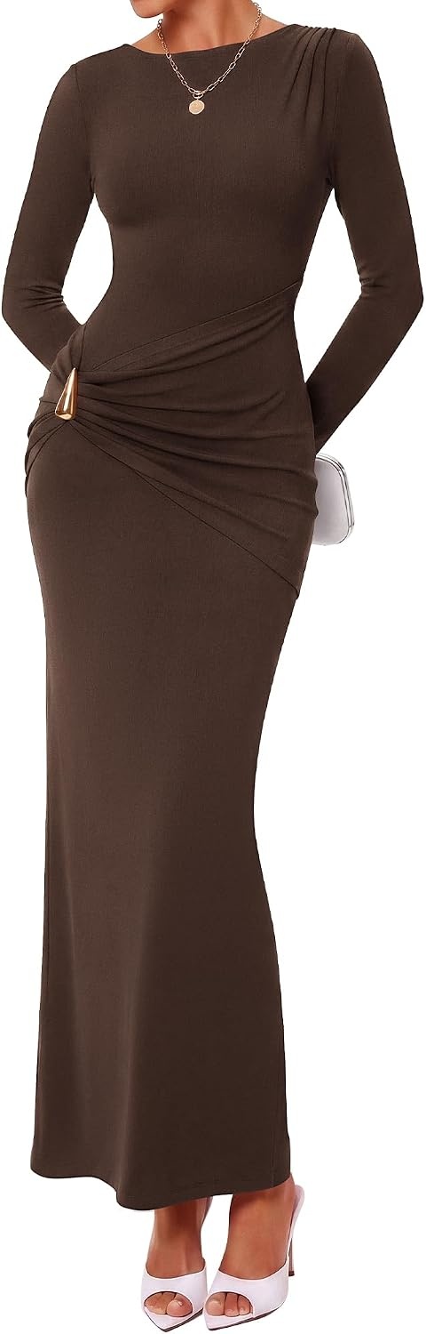 image:imageBTFBM Womens Long Sleeve Ruched Slit Maxi Wedding Guest Dress Boat Neck Bodycon Semi Formal Dresses For Women Cocktail Party Homecoming Date Night Christmas Holiday Winter OutfitsBrown