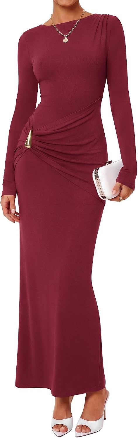 image:imageBTFBM Womens Long Sleeve Ruched Slit Maxi Wedding Guest Dress Boat Neck Bodycon Semi Formal Dresses For Women Cocktail Party Homecoming Date Night Christmas Holiday Winter OutfitsBurgundy