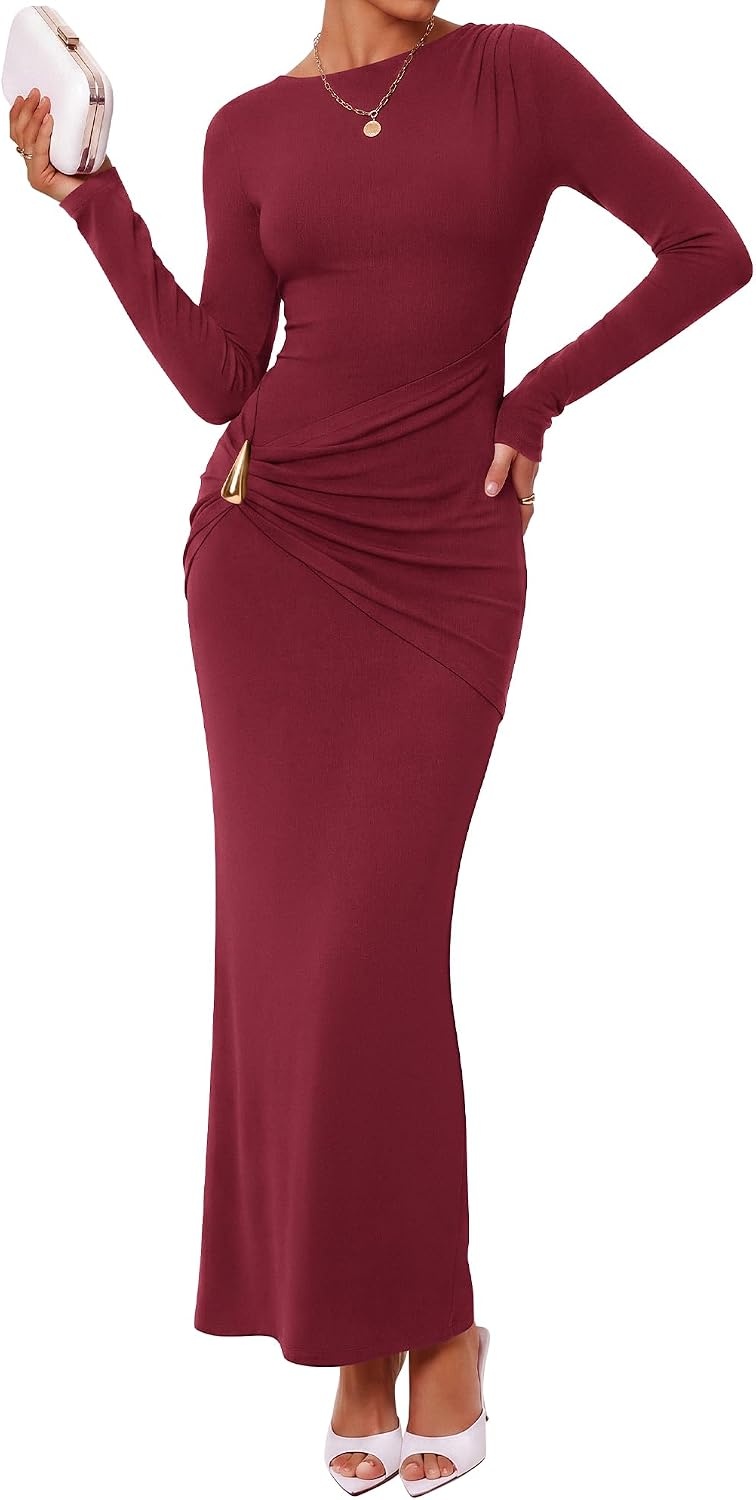 image:imageBTFBM Womens Long Sleeve Ruched Slit Maxi Wedding Guest Dress Boat Neck Bodycon Semi Formal Dresses For Women Cocktail Party Homecoming Date Night Christmas Holiday Winter OutfitsBurgundy