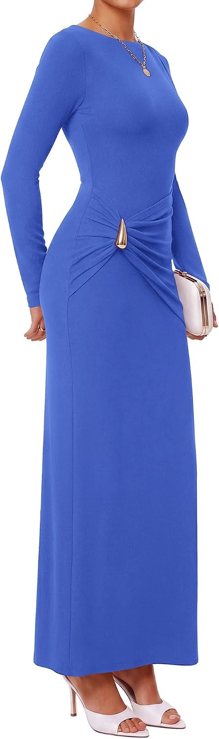 image:imageBTFBM Womens Long Sleeve Ruched Slit Maxi Wedding Guest Dress Boat Neck Bodycon Semi Formal Dresses For Women Cocktail Party Homecoming Date Night Christmas Holiday Winter OutfitsBlue