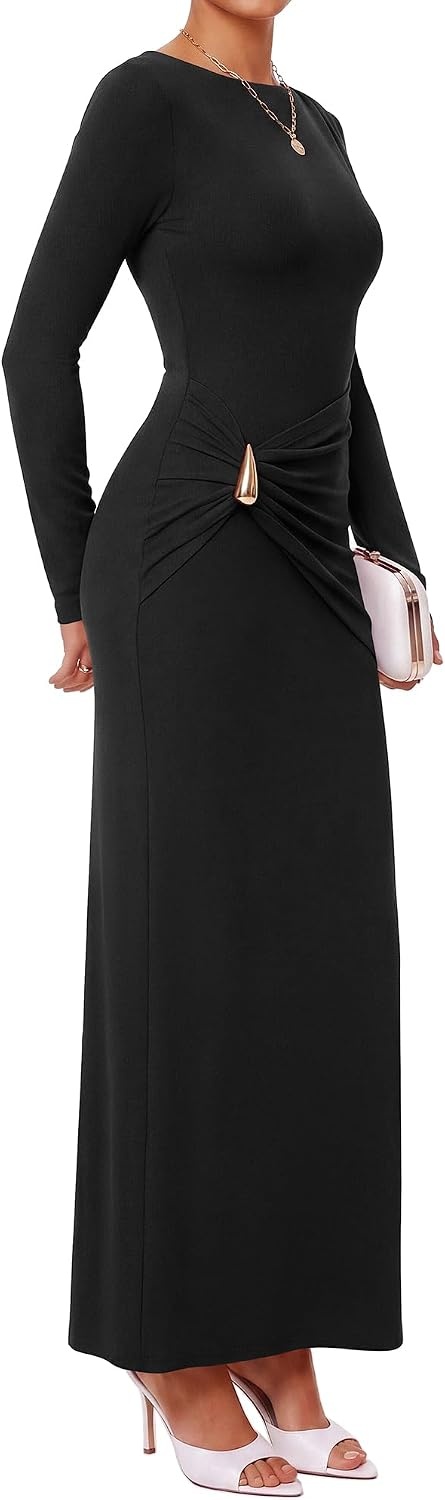 image:imageBTFBM Womens Long Sleeve Ruched Slit Maxi Wedding Guest Dress Boat Neck Bodycon Semi Formal Dresses For Women Cocktail Party Homecoming Date Night Christmas Holiday Winter OutfitsBlack