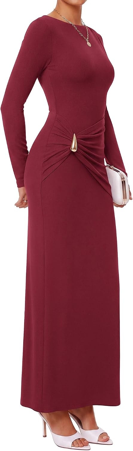 image:imageBTFBM Womens Long Sleeve Ruched Slit Maxi Wedding Guest Dress Boat Neck Bodycon Semi Formal Dresses For Women Cocktail Party Homecoming Date Night Christmas Holiday Winter OutfitsBurgundy