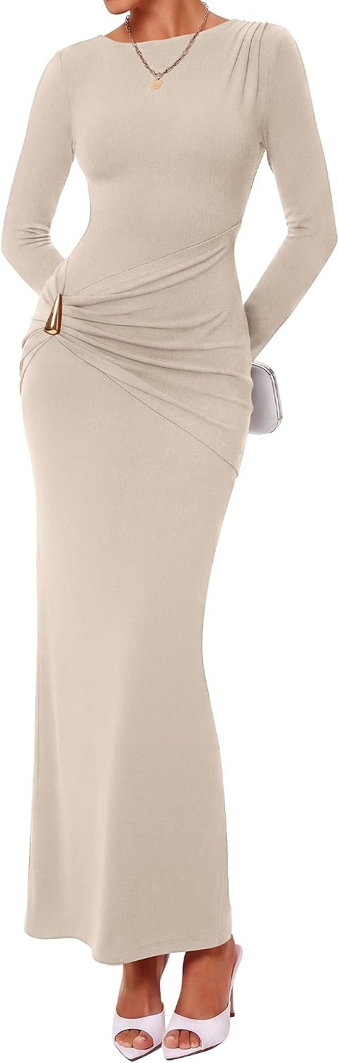 image:imageBTFBM Womens Long Sleeve Ruched Slit Maxi Wedding Guest Dress Boat Neck Bodycon Semi Formal Dresses For Women Cocktail Party Homecoming Date Night Christmas Holiday Winter OutfitsBeige