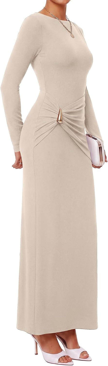 image:imageBTFBM Womens Long Sleeve Ruched Slit Maxi Wedding Guest Dress Boat Neck Bodycon Semi Formal Dresses For Women Cocktail Party Homecoming Date Night Christmas Holiday Winter OutfitsBeige