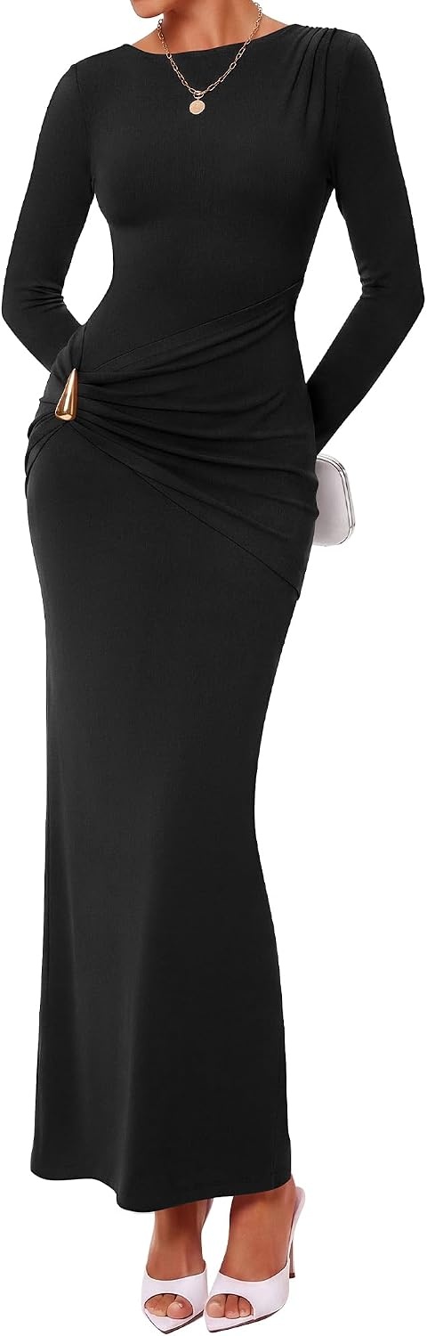 image:imageBTFBM Womens Long Sleeve Ruched Slit Maxi Wedding Guest Dress Boat Neck Bodycon Semi Formal Dresses For Women Cocktail Party Homecoming Date Night Christmas Holiday Winter OutfitsBlack
