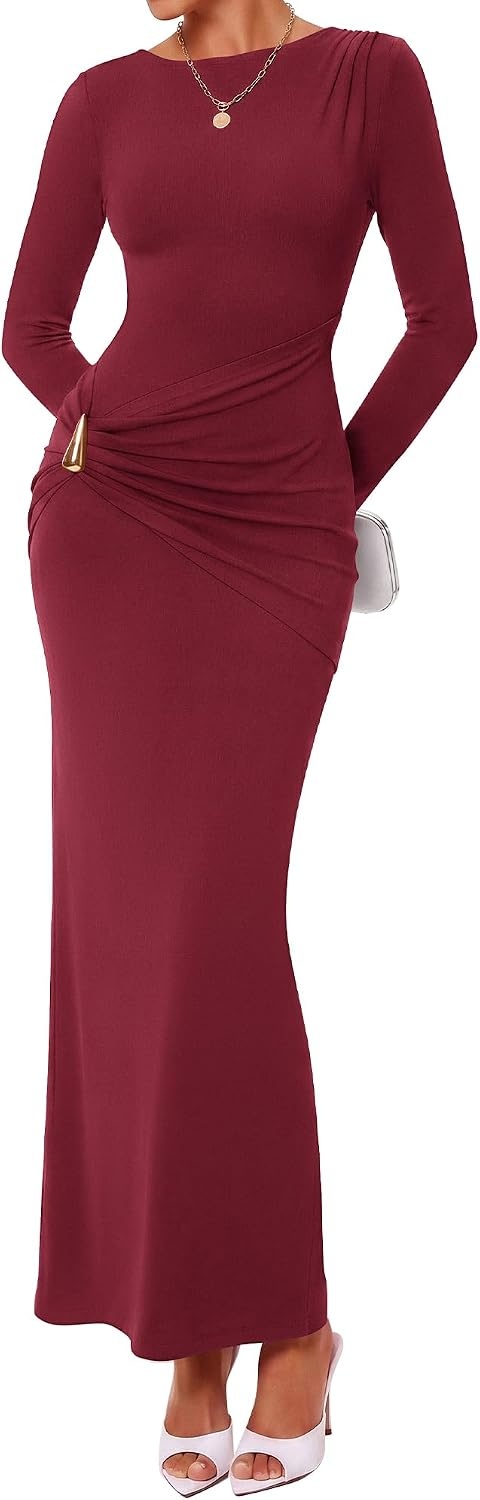 image:imageBTFBM Womens Long Sleeve Ruched Slit Maxi Wedding Guest Dress Boat Neck Bodycon Semi Formal Dresses For Women Cocktail Party Homecoming Date Night Christmas Holiday Winter OutfitsBurgundy