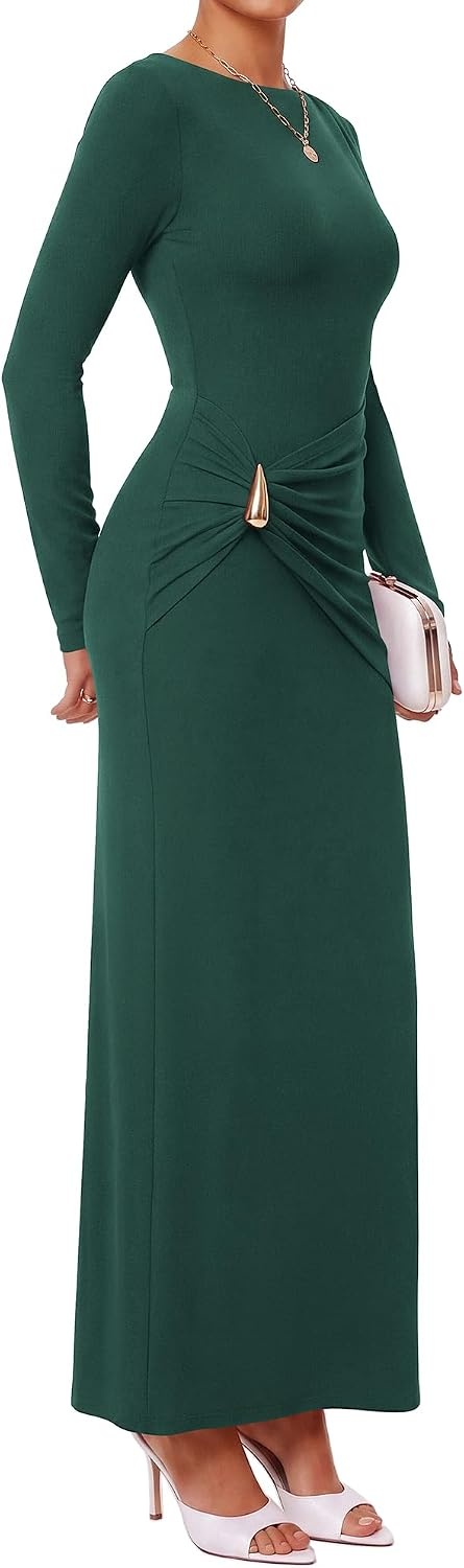 image:imageBTFBM Womens Long Sleeve Ruched Slit Maxi Wedding Guest Dress Boat Neck Bodycon Semi Formal Dresses For Women Cocktail Party Homecoming Date Night Christmas Holiday Winter OutfitsGreen