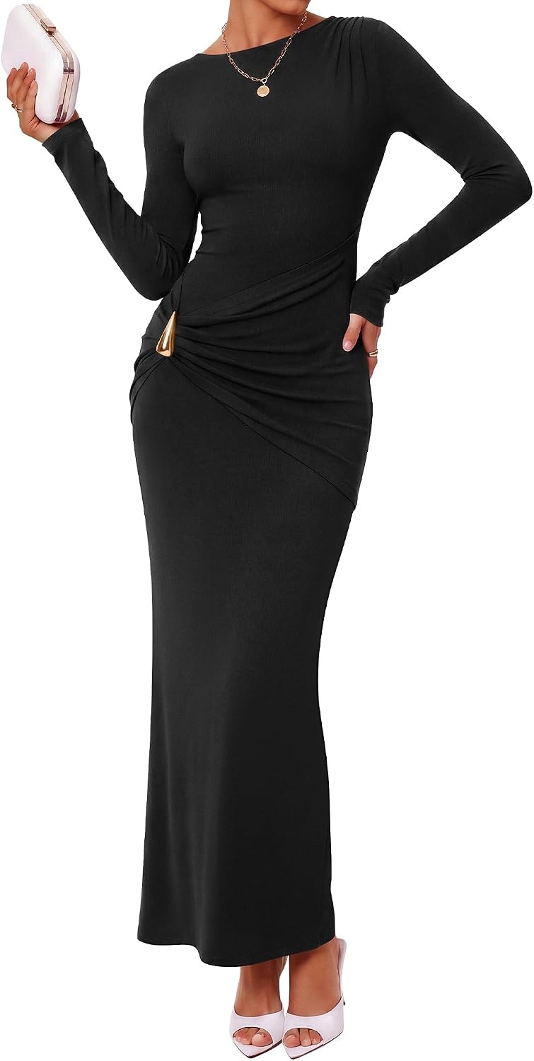 image:imageBTFBM Womens Long Sleeve Ruched Slit Maxi Wedding Guest Dress Boat Neck Bodycon Semi Formal Dresses For Women Cocktail Party Homecoming Date Night Christmas Holiday Winter OutfitsBlack