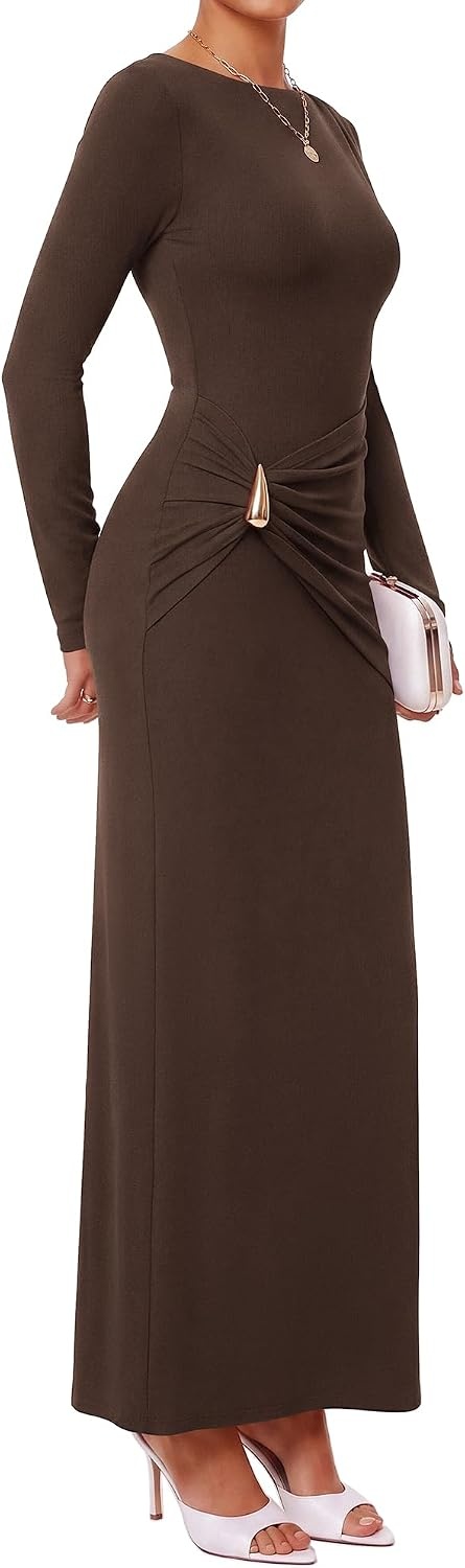 image:imageBTFBM Womens Long Sleeve Ruched Slit Maxi Wedding Guest Dress Boat Neck Bodycon Semi Formal Dresses For Women Cocktail Party Homecoming Date Night Christmas Holiday Winter OutfitsBrown