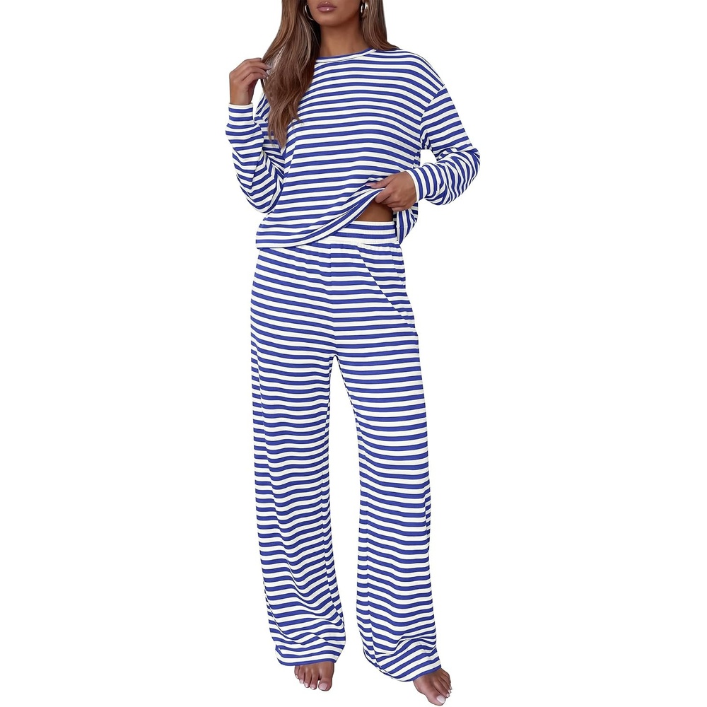 image:imageBTFBM Striped Lounge Set Sweatsuits Women 2 Piece Outfit Womens Pajama SetsCrew NeckWide LegAirport Vacation OutfitsFall Winter ClothesWhite Blue