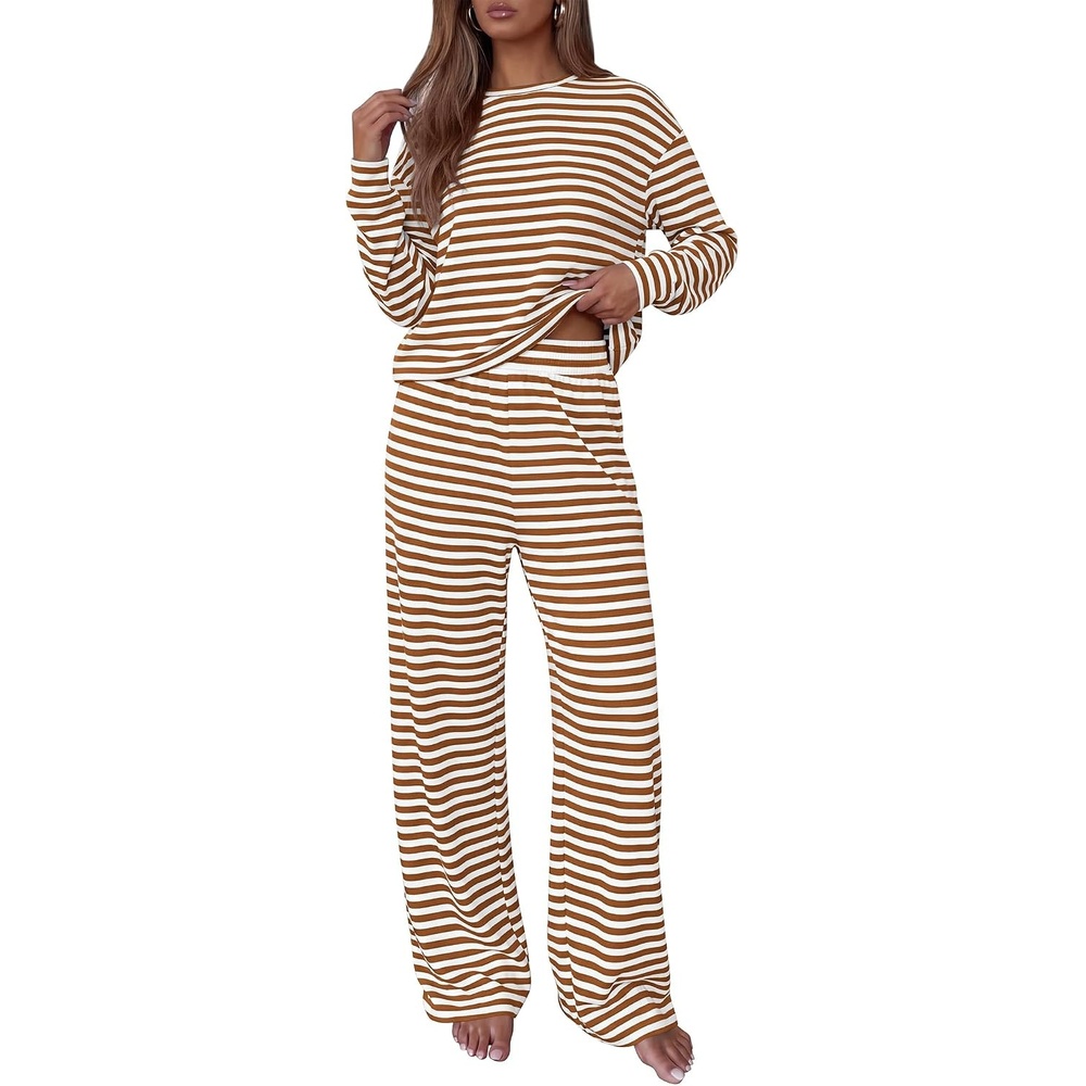 image:imageBTFBM Striped Lounge Set Sweatsuits Women 2 Piece Outfit Womens Pajama SetsCrew NeckWide LegAirport Vacation OutfitsFall Winter ClothesWhite Brown