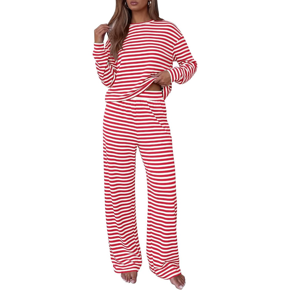 image:imageBTFBM Striped Lounge Set Sweatsuits Women 2 Piece Outfit Womens Pajama SetsCrew NeckWide LegAirport Vacation OutfitsFall Winter ClothesWhite Red