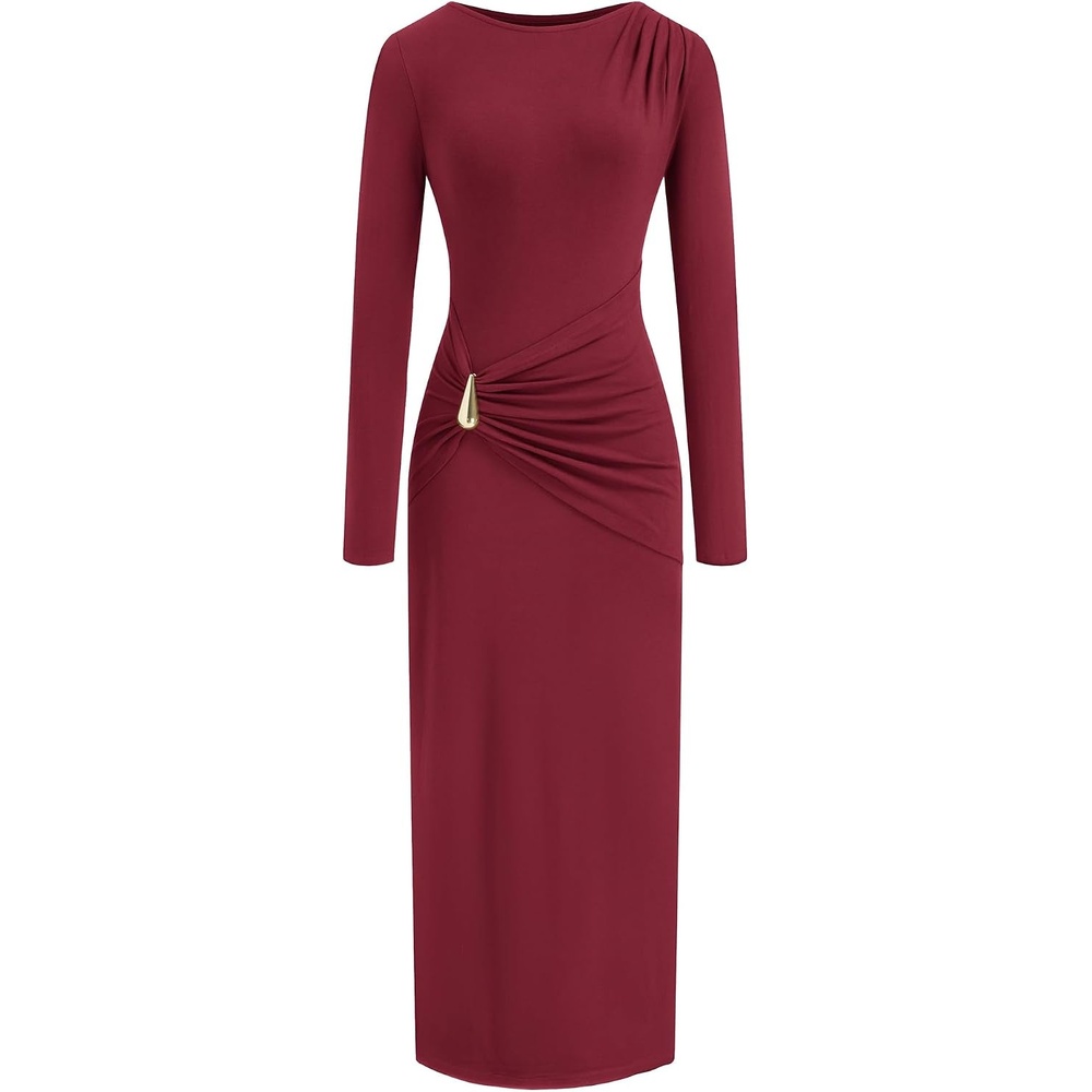 image:imageBTFBM Womens Long Sleeve Ruched Slit Maxi Wedding Guest Dress Boat Neck Bodycon Semi Formal Dresses For Women Cocktail Party Homecoming Date Night Christmas Holiday Winter OutfitsBurgundy