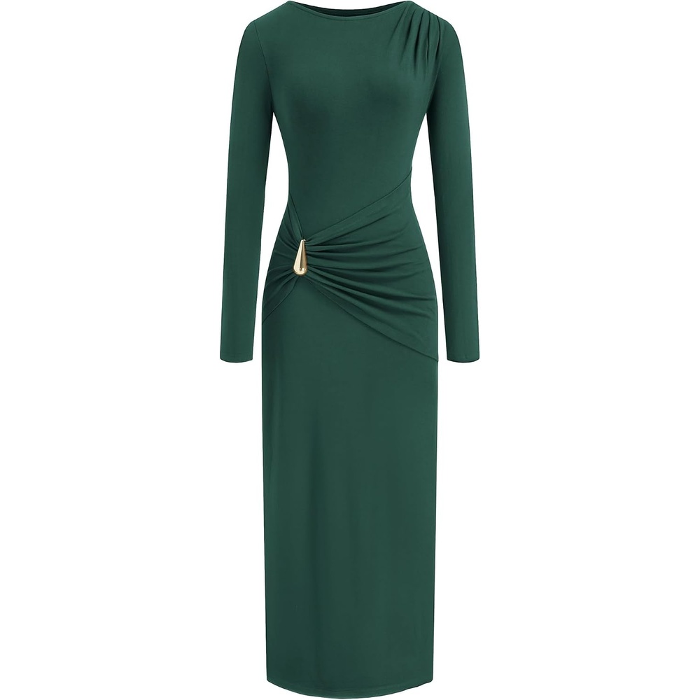 image:imageBTFBM Womens Long Sleeve Ruched Slit Maxi Wedding Guest Dress Boat Neck Bodycon Semi Formal Dresses For Women Cocktail Party Homecoming Date Night Christmas Holiday Winter OutfitsGreen