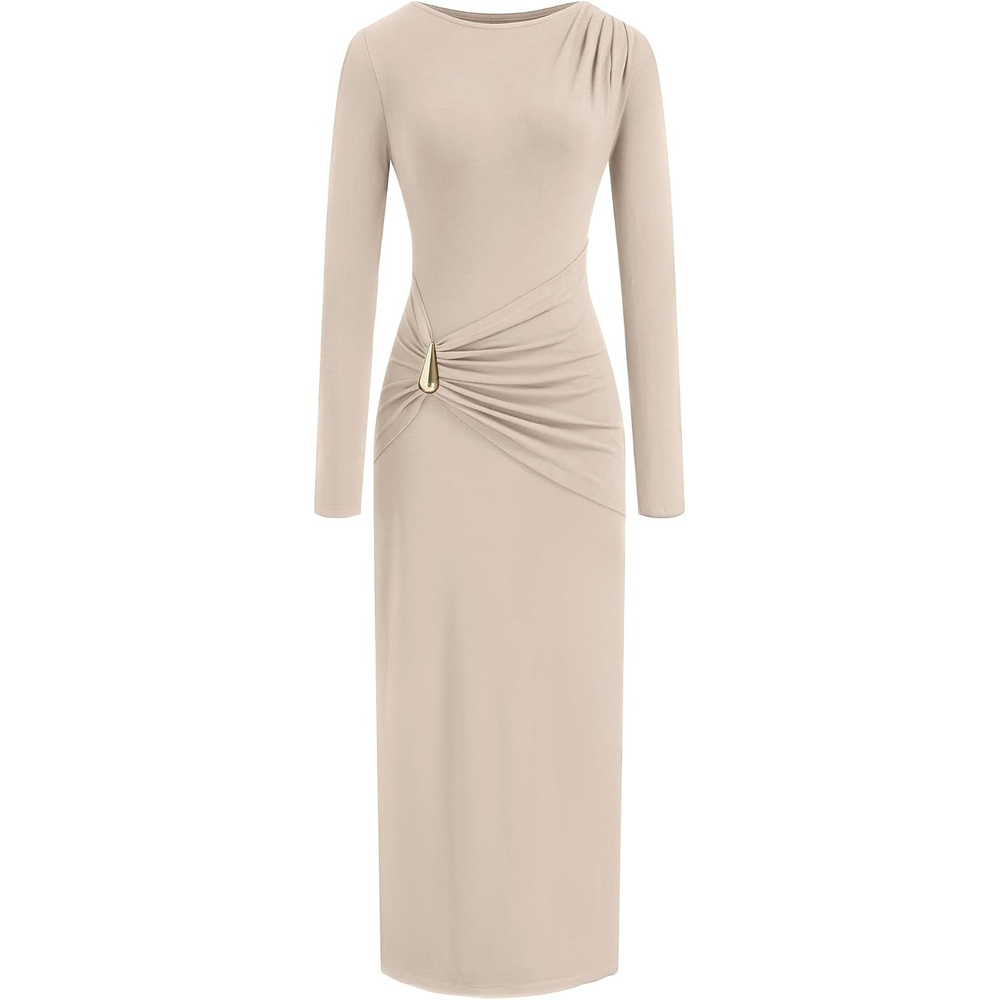 image:imageBTFBM Womens Long Sleeve Ruched Slit Maxi Wedding Guest Dress Boat Neck Bodycon Semi Formal Dresses For Women Cocktail Party Homecoming Date Night Christmas Holiday Winter OutfitsBeige