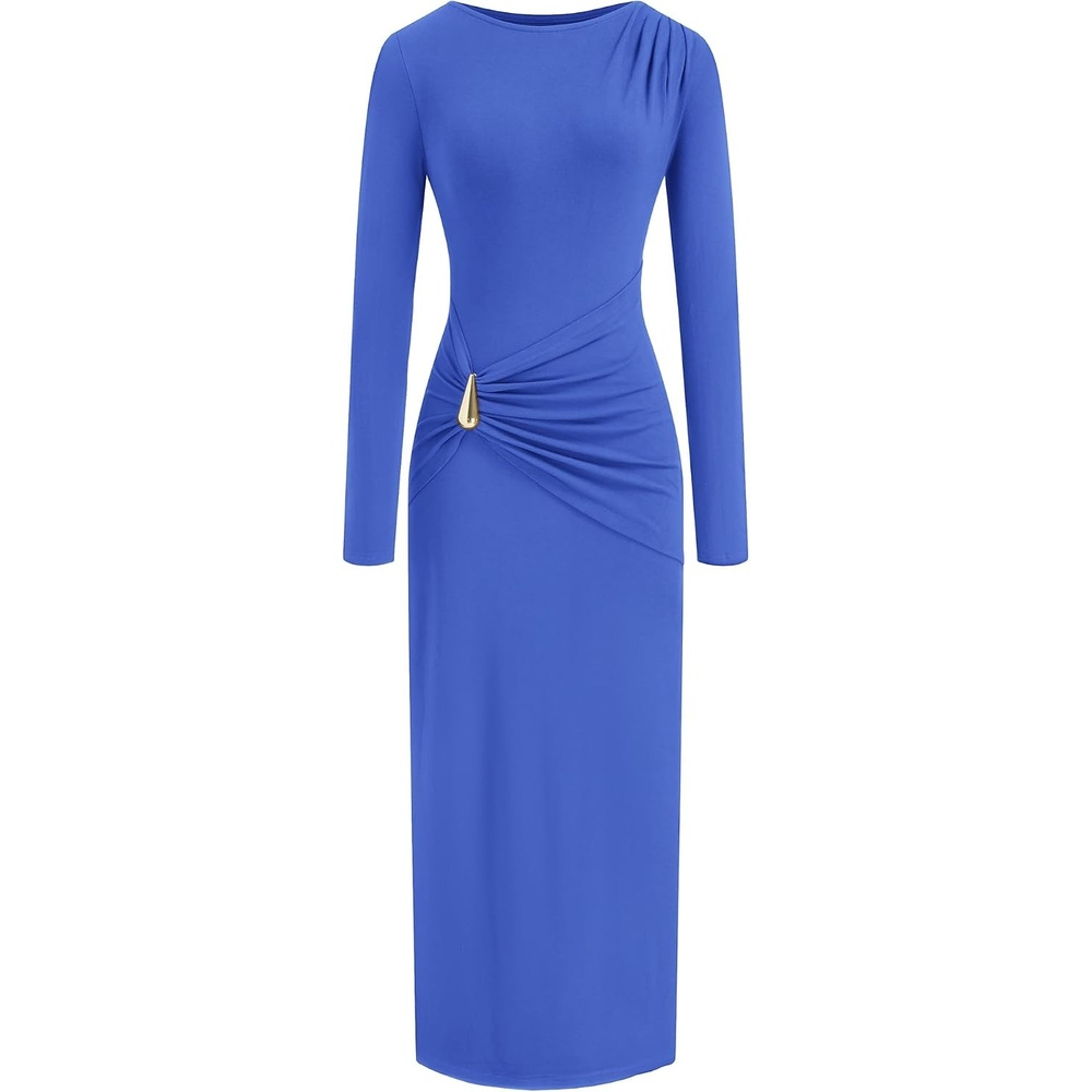 image:imageBTFBM Womens Long Sleeve Ruched Slit Maxi Wedding Guest Dress Boat Neck Bodycon Semi Formal Dresses For Women Cocktail Party Homecoming Date Night Christmas Holiday Winter OutfitsBlue