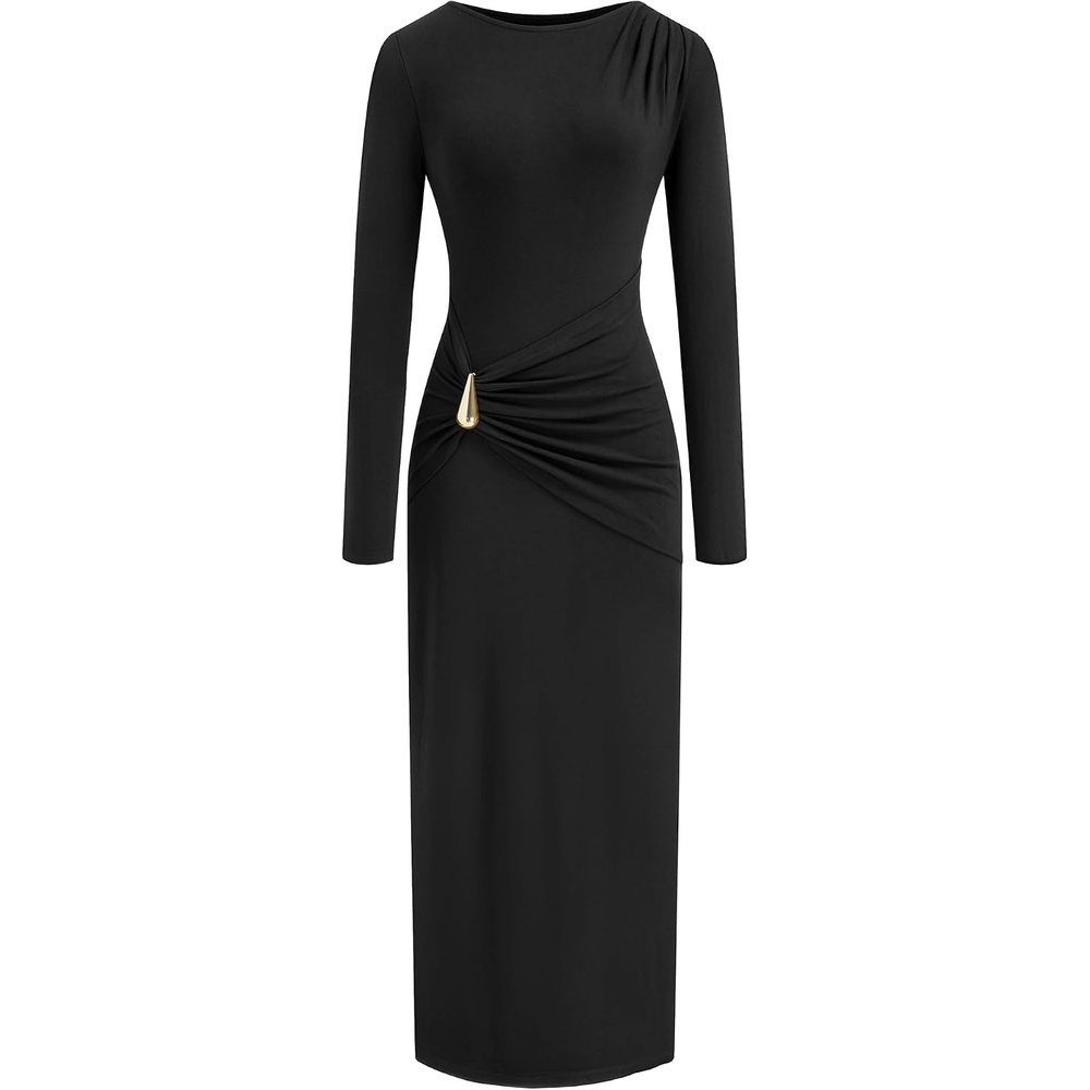 image:imageBTFBM Womens Long Sleeve Ruched Slit Maxi Wedding Guest Dress Boat Neck Bodycon Semi Formal Dresses For Women Cocktail Party Homecoming Date Night Christmas Holiday Winter OutfitsBlack