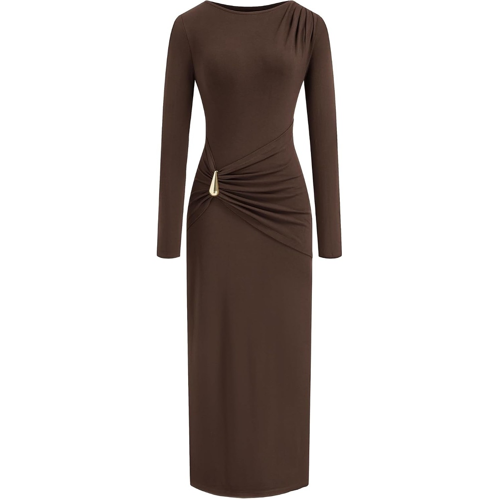 image:imageBTFBM Womens Long Sleeve Ruched Slit Maxi Wedding Guest Dress Boat Neck Bodycon Semi Formal Dresses For Women Cocktail Party Homecoming Date Night Christmas Holiday Winter OutfitsBrown