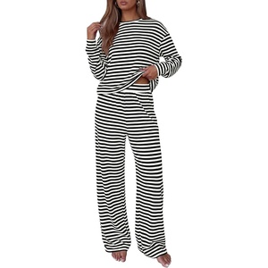 BTFBM Striped Lounge Set Sweatsuits Women 2 Piece Outfit | Womens Pajama Sets,Crew Neck,Wide Leg,Airport Vacation Outfits,Fall Winter Clothes(Black White)