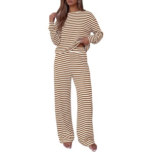 BTFBM Striped Lounge Set Sweatsuits Women 2 Piece Outfit | Womens Pajama Sets,Crew Neck,Wide Leg,Airport Vacation Outfits,Fall Winter Clothes(White Brown)